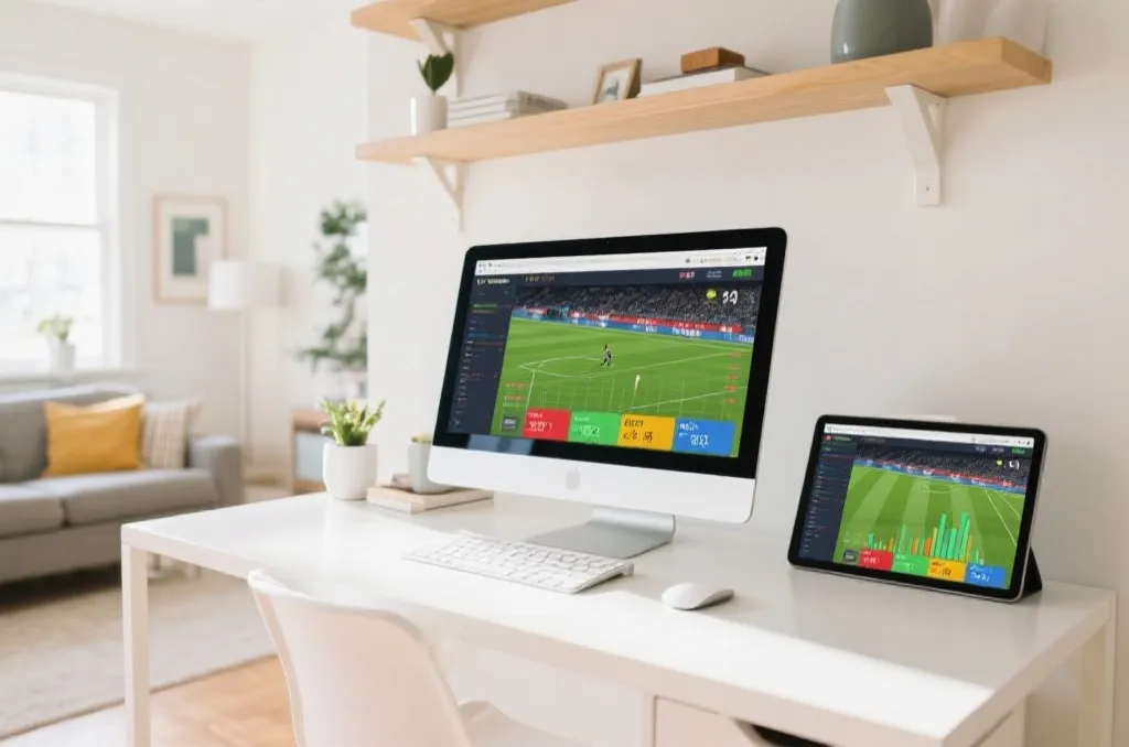 A bright, clean home workspace with a large desktop computer and a tablet side-by-side, both displaying generic, vibrant sports matches and statistics charts, cozy and productive atmosphere